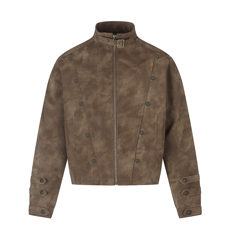 Men's short-cut suede-look jacket with stand-up collar, belt buckle, and decorative buttons Chichicherry