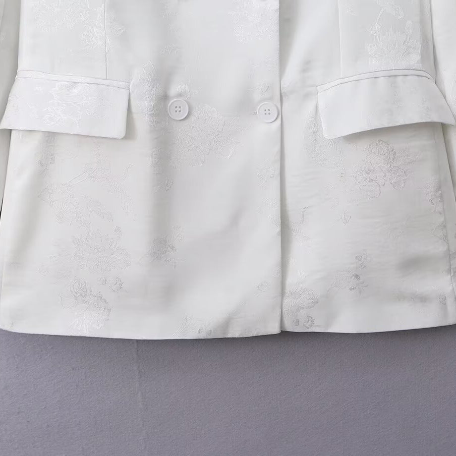 Women's Double-Breasted Satin Blazer with Floral Jacquard Pattern and Patch Pockets Chichicherry