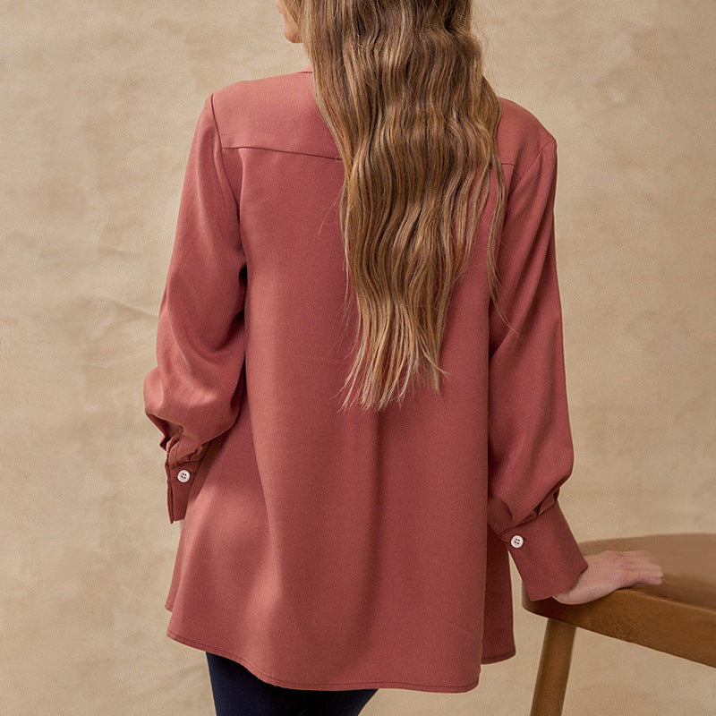 Women's Pleated Tunic Blouse with Shirt Collar and Loose A-Line Silhouette Chichicherry