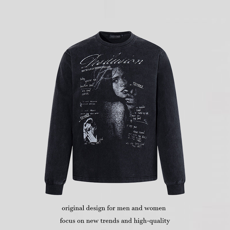 Men's Longsleeve with Vintage Girl Graphic and Used Wash Chichicherry