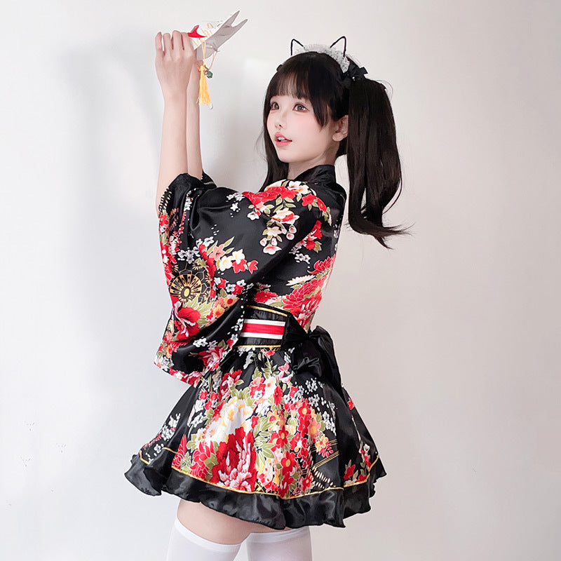 Ladies Kimono Dress with a playful cut and floral accents Chichicherry