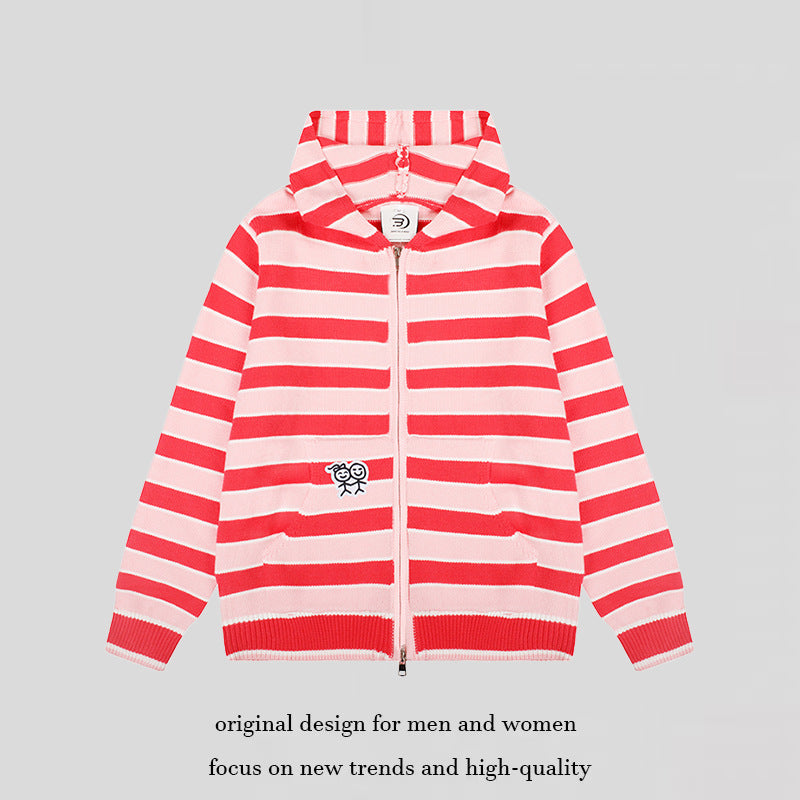 Women's hooded cardigan with full zip, striped texture, and Chichicherry embroidery detail