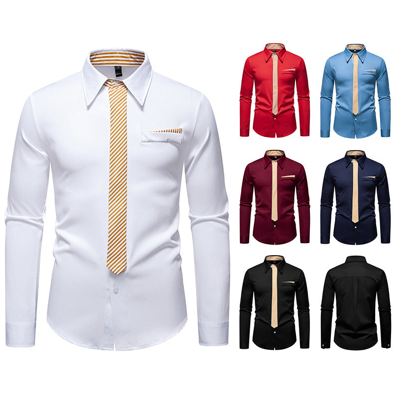 Men's Slim-Fit Business Shirt with Integrated Tie Look and Chest Pocket Chichicherry
