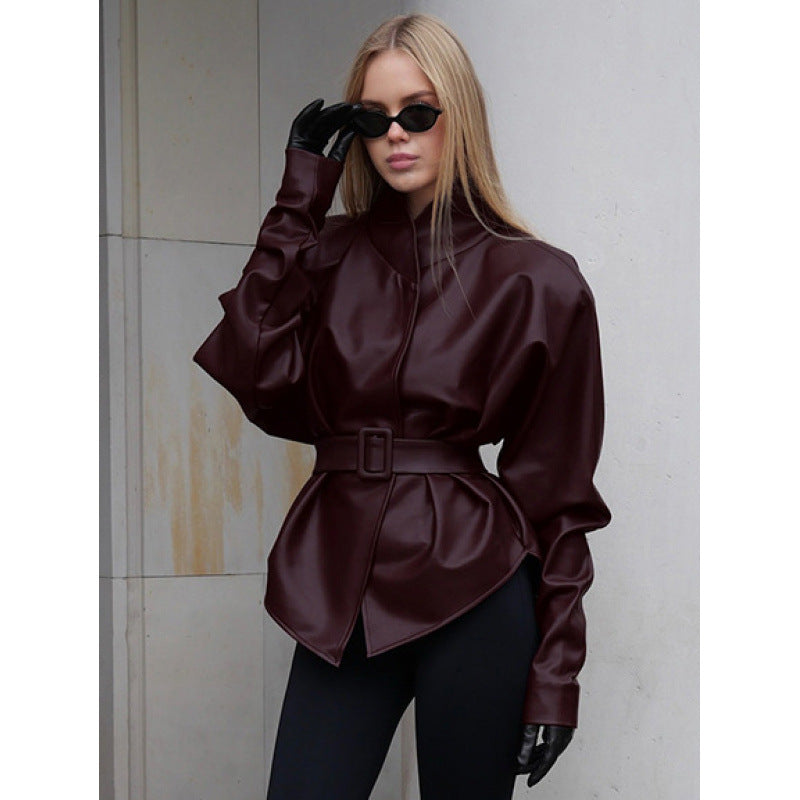 Women's leather look jacket with fitted belt and high stand-up collar Chichicherry