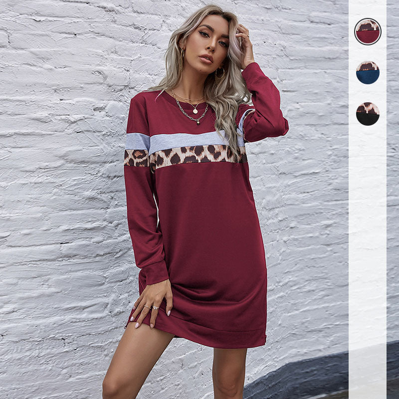 Women casual sweatshirt dress with leopard stripes and contrasting chest band Chichicherry