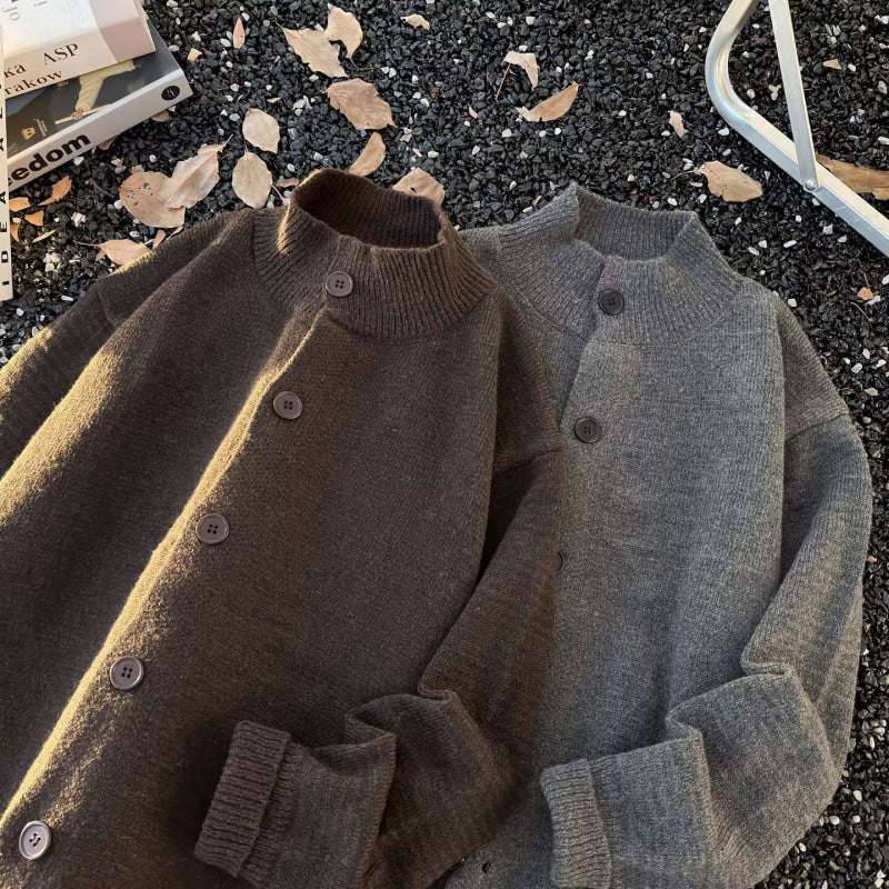 Unisex Oversized Wollmix-Cardigan mit Rundhalsausschnitt, Knopfleiste und geripptem Saum Chichicherry