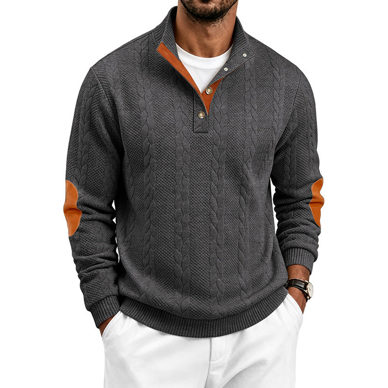 Men's Noble Cable Knit Sweater with Short Button Placket and Elbow Patches Chichicherry