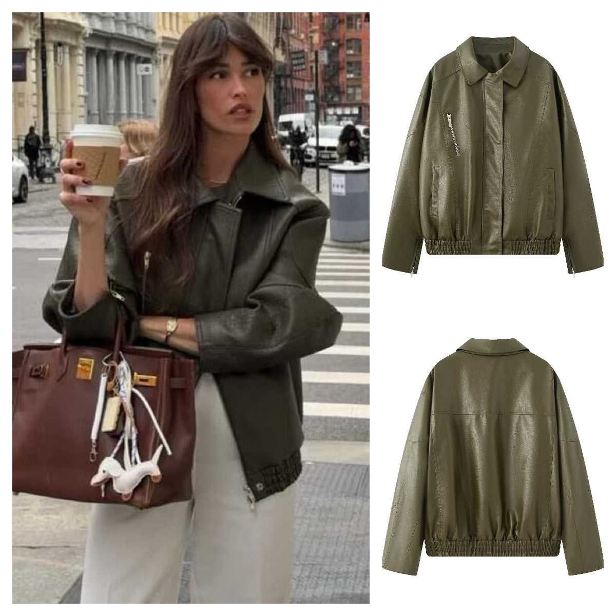 Women's Oversize Faux Leather Blouson with Elastic Hem, Slanted Zipper Chest Pocket and Zipper Sleeves Chichicherry