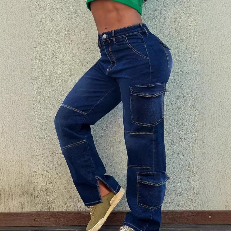 Women’s Utility Cargo Denim Pants with Low Rise, Panel Seams and Functional Pockets Chichicherry