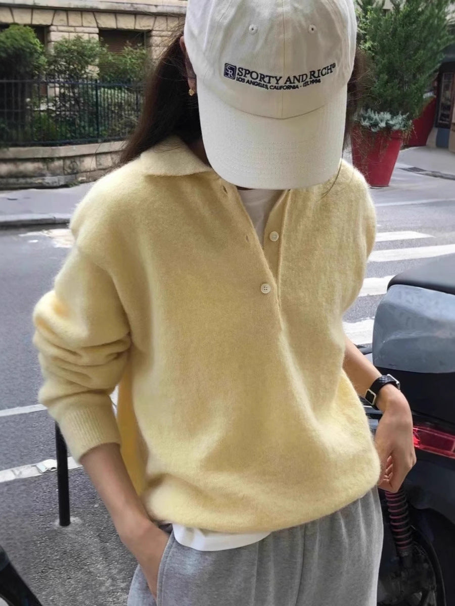 Women's Soft Hoodie in Mohair Look with Deep V-Neck and Half Button Placket Chichicherry