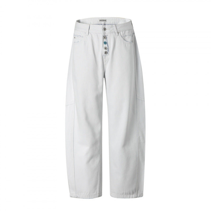Women's Wide High-Waist Cropped Jeans with Visible Button Placket, Raw Hem and Utility Seams Chichicherry