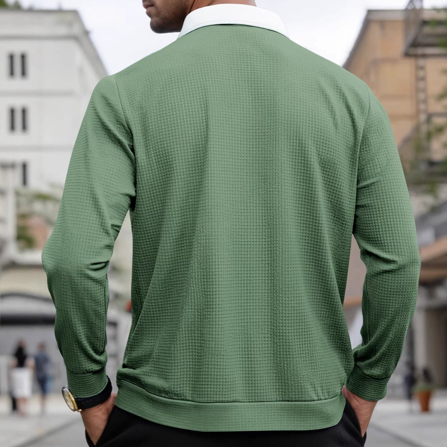 Men's Elegant Waffle Structure Polo Shirt with Half Zip and Contrast Collar Chichicherry