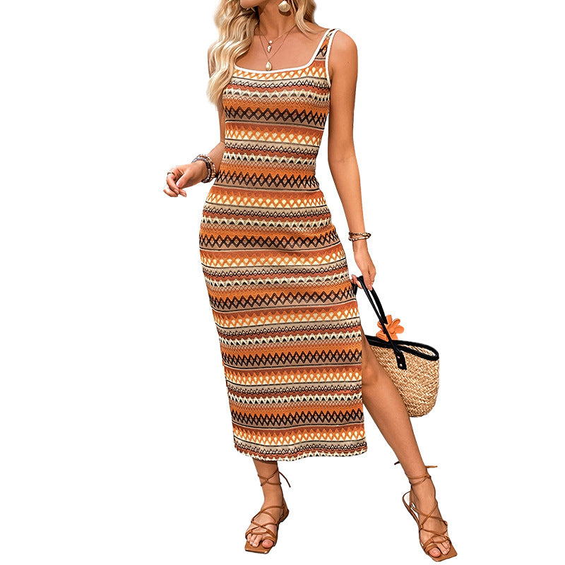 Women's figure-hugging knit midi dress with spaghetti straps, jacquard pattern and side slit Chichicherry