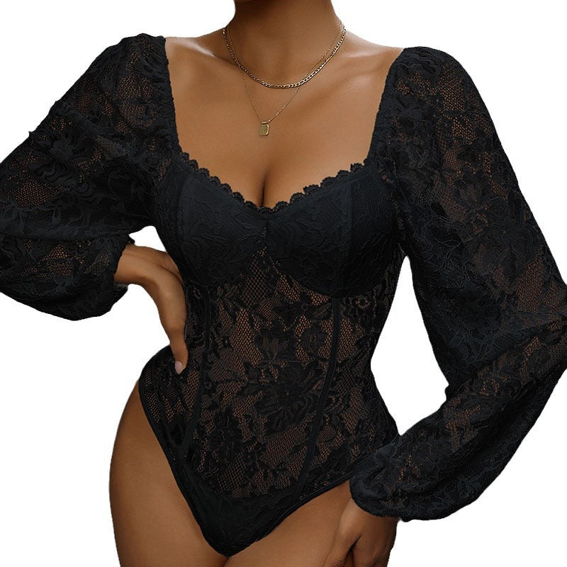 Ladies Lace Corset with Heart Cutout, Integrated Cups and Transparent Puff Sleeves Chichicherry