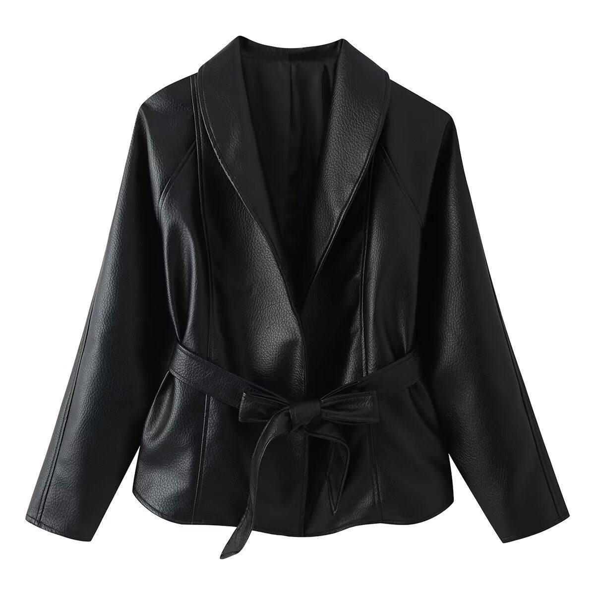 Women's Tailored Tie-Belt Leather Blazer with Shawl Collar Chichicherry