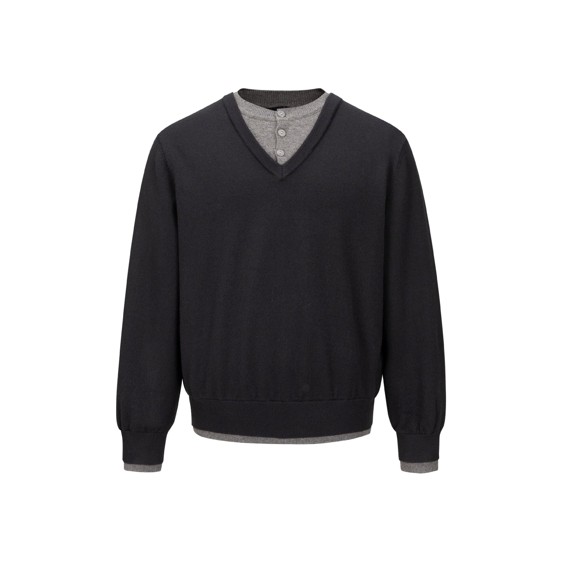 Men's V-Neck Fine Knit Sweater with Integrated Henley Detail and Elastic Waistband Chichicherry