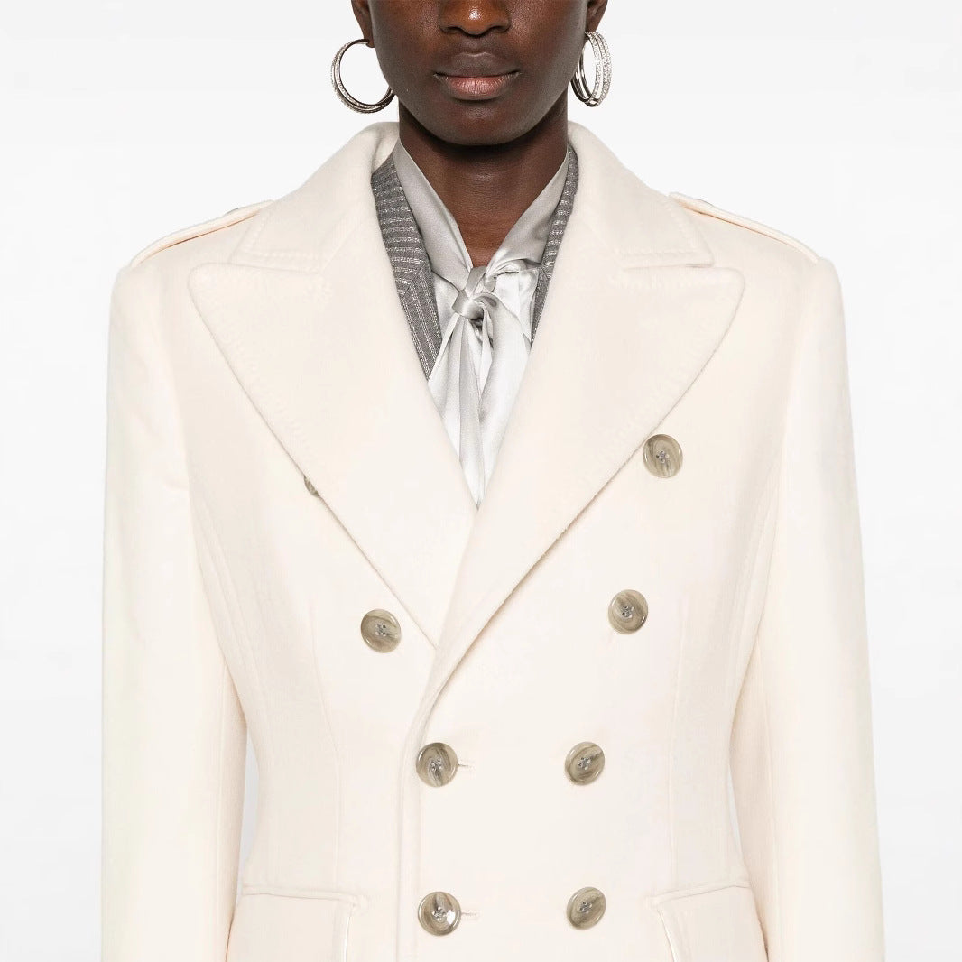 Women Long Double-Breasted Coat made of Wool Blend with High Stand-up Collar and Flap Pockets Chichicherry