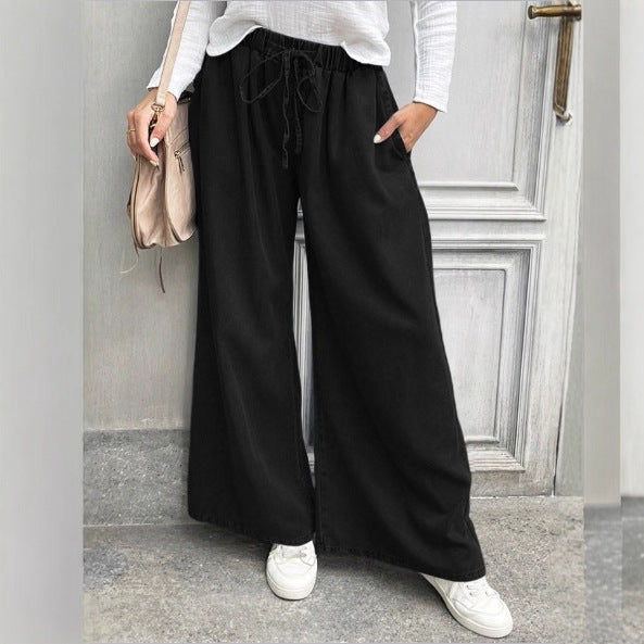 Women's Long Denim Maxi Skirt with Drawstring Waist, Wide A-Line Cut and Side Pockets Chichicherry