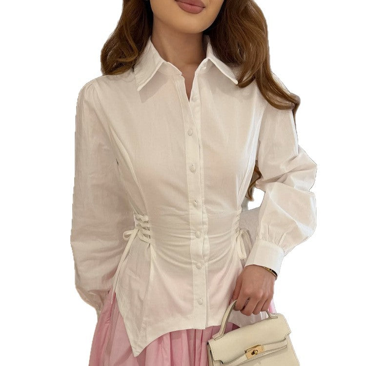 Women tailored cotton blouse with side lacing and balloon sleeves Chichicherry