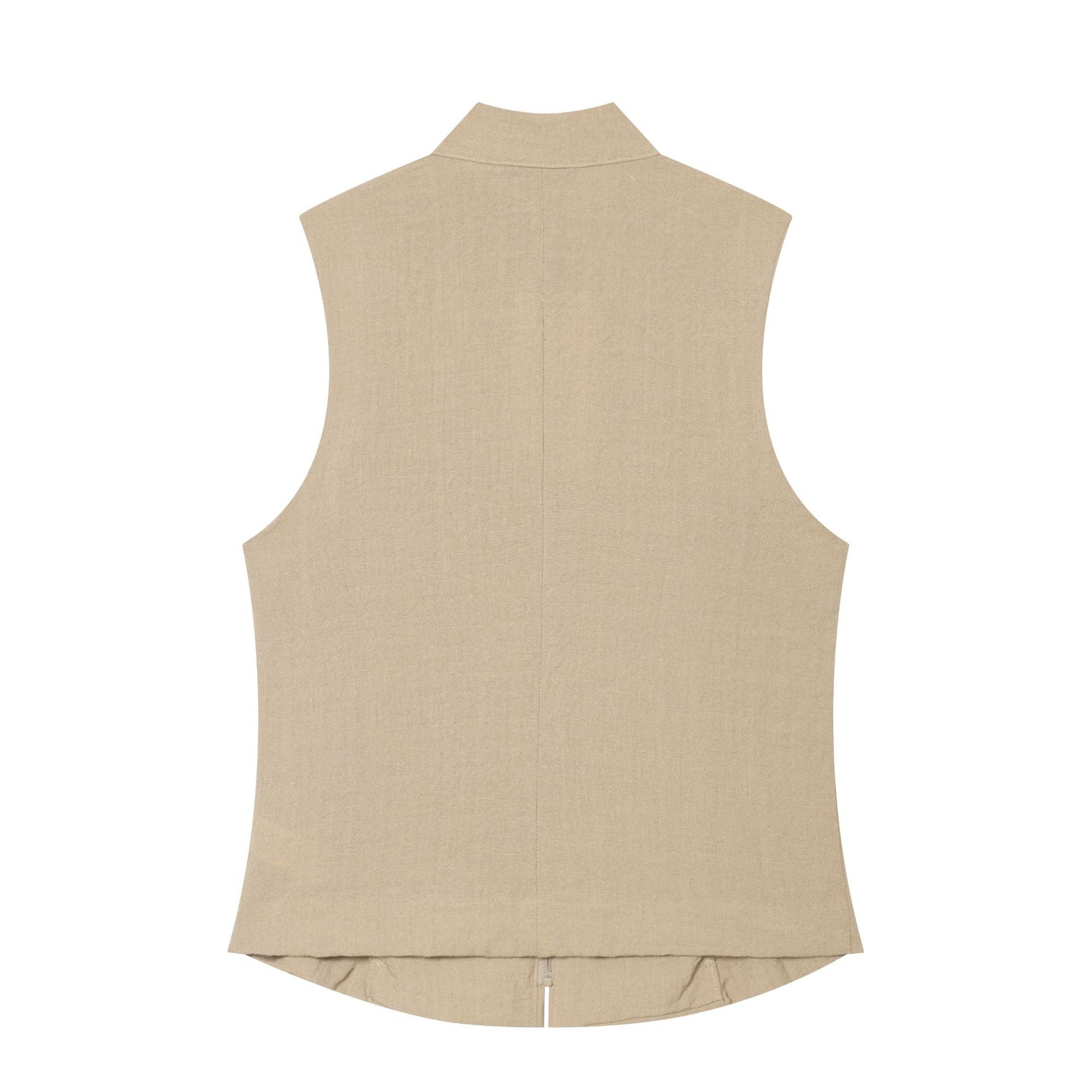 Women's fitted sleeveless military vest with stand-up collar and decorative button placket Chichicherry