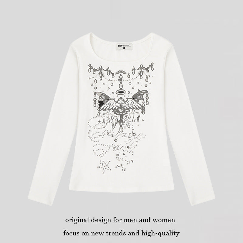 Women's long-sleeve shirt with round neckline, rhinestone print and angel motif Chichicherry