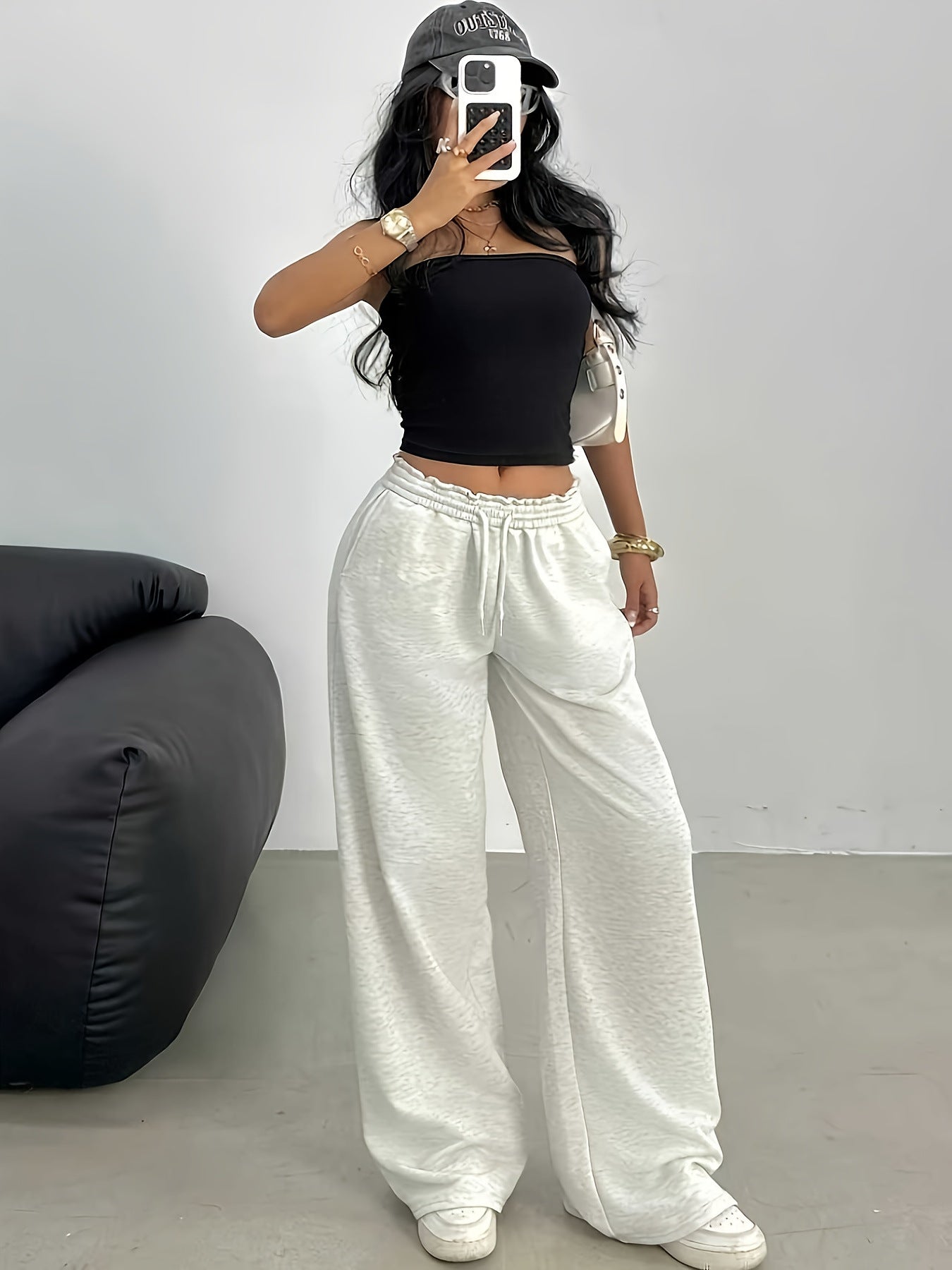 Women's Wide High-Waist Lounge Pants with Elastic Waistband and Drawstring Chichicherry