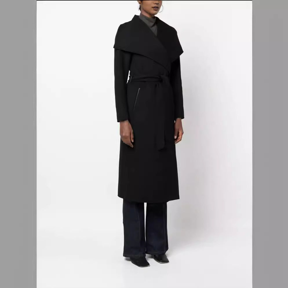 Women Midi-Length Wrap Coat with Oversized Shawl Collar and Concealed Zipper Pockets Chichicherry