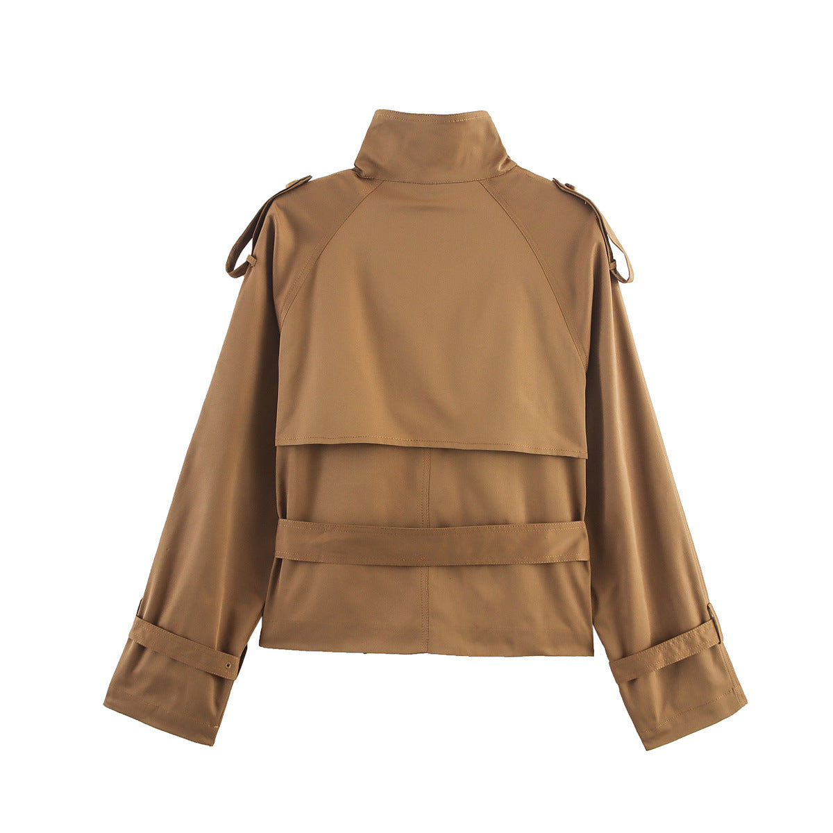 Women's Short Double-Breasted Trench Blouson with High Stand Collar, Shoulder Tabs, and Waist Belt Chichicherry