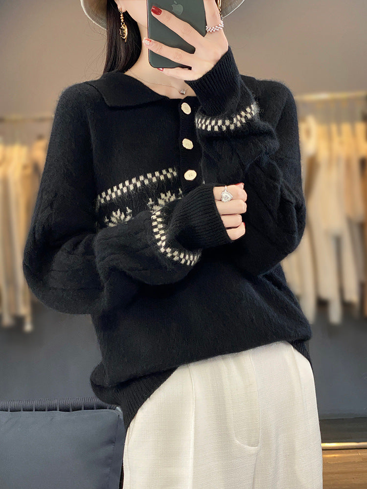 Women's Oversized Polo Collar Knit Sweater with Norwegian Pattern and Raglan Sleeves Chichicherry