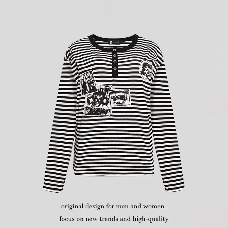 Women's Striped Long Sleeve Henley Shirt with Button Placket and Graphic Patches Chichicherry