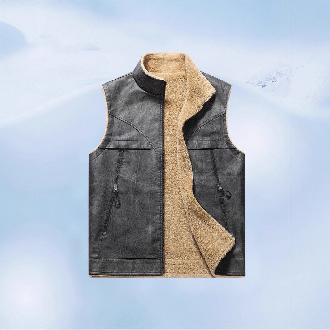 Men's Sleeveless Faux Leather Teddy Vest with Stand Collar and Zipper Pockets Chichicherry
