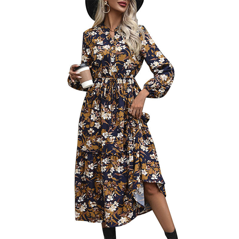 Women Long-Sleeved Midi Dress with Tie Belt, Tiered Hem and Side Slit Chichicherry