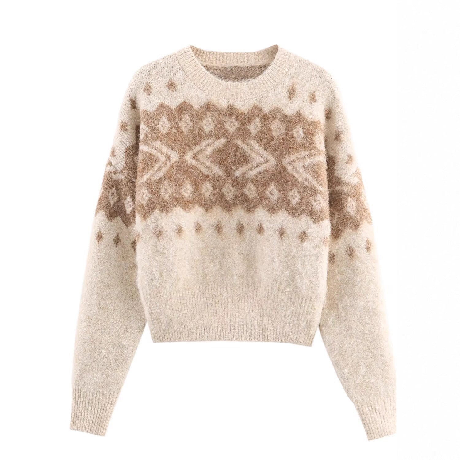 Women's Fluffy Knitted Sweater with Norwegian Pattern and Boxy Fit Chichicherry