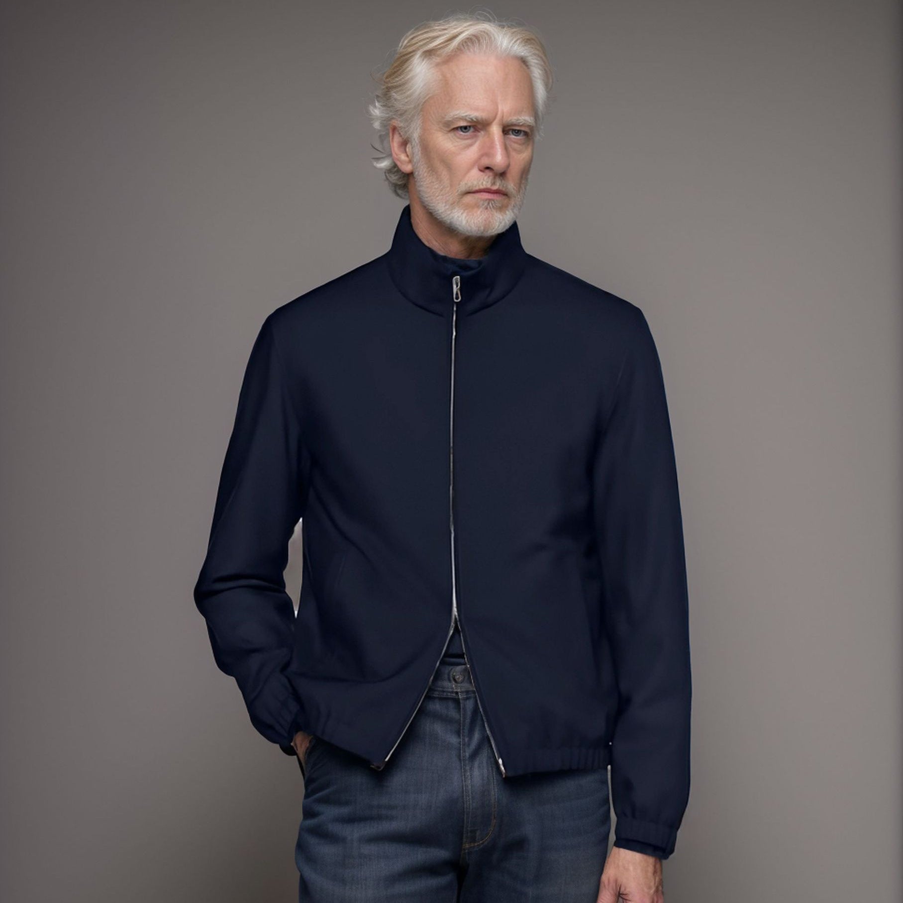 Men Lightweight Windbreaker with Stand Collar and Two-Way Zipper Chichicherry