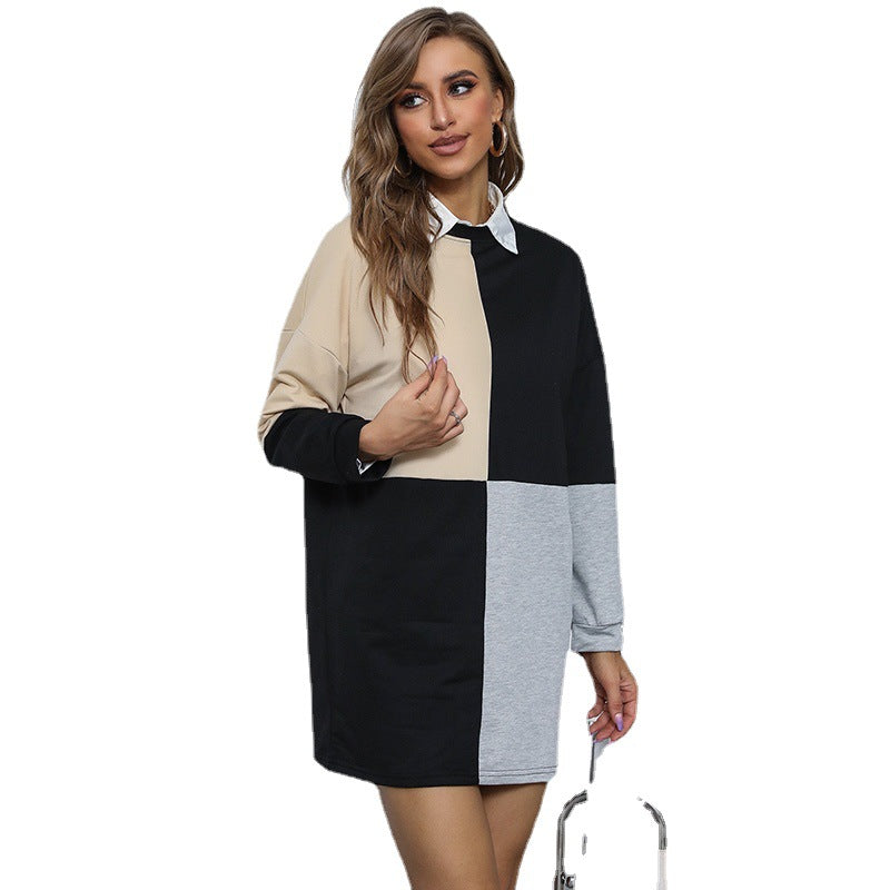 Women's color block sweatshirt dress with shirt collar and loose mini silhouette