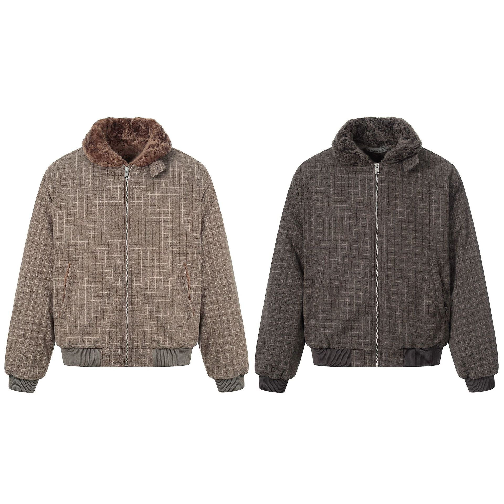 Men's Short Boxy Blouson in Wool Blend with Teddy Collar and Check Quilting Chichicherry