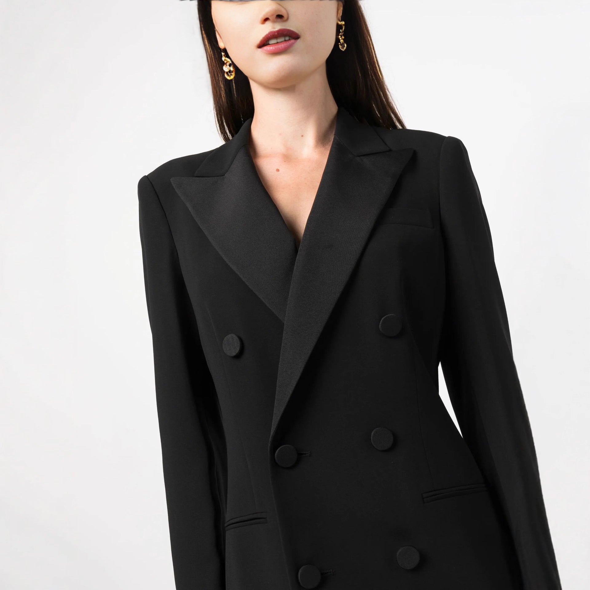 Women's Double-Breasted Blazer Dress with Satin Lapels Chichicherry