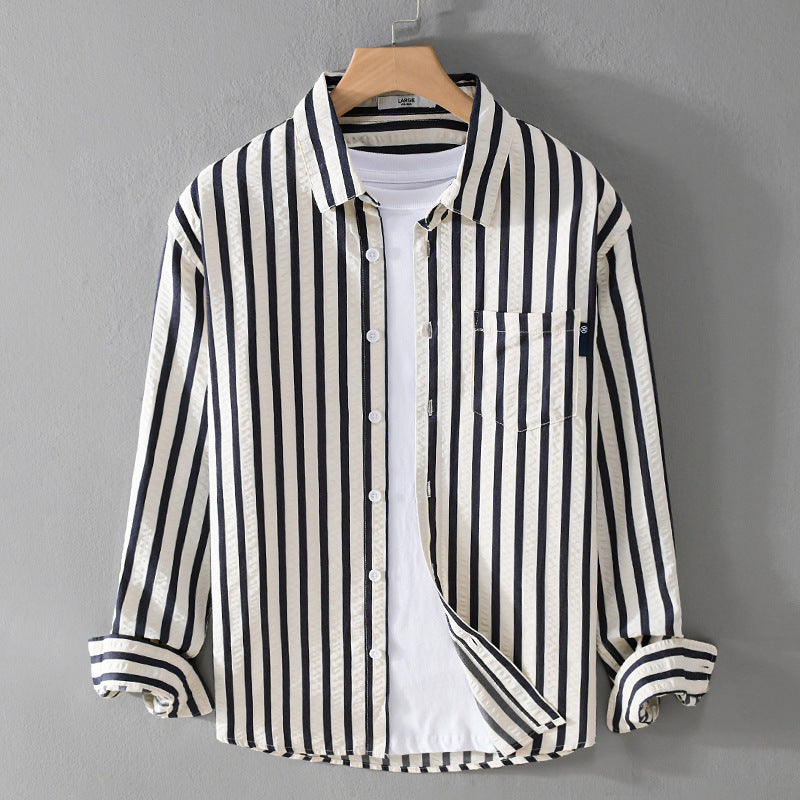 Men's Loose Shirt in Vertical Stripe Pattern made of Lightweight Cotton Blend with Kent Collar and Chest Pocket Chichicherry