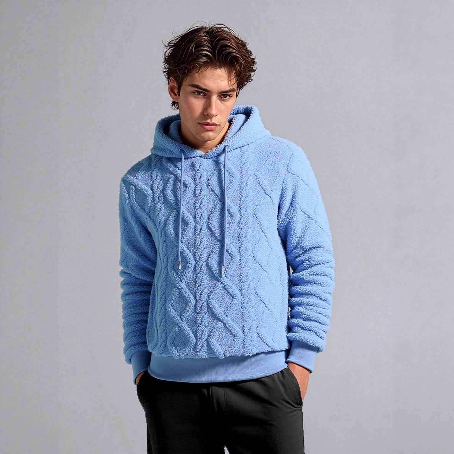 Men's teddy fleece hoodie with diamond structure, lined hood, and soft ribbed cuffs Chichicherry