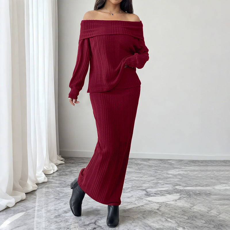Women's Off-Shoulder Ribbed Knit Set with Bardot Neckline and Figure-Hugging Maxi Skirt Chichicherry