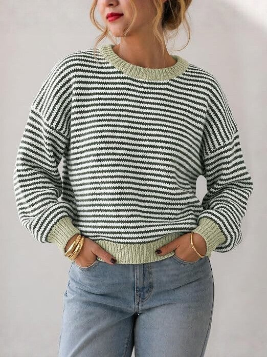 Women's Striped Rib Knit Sweater with Contrast Cuffs Chichicherry