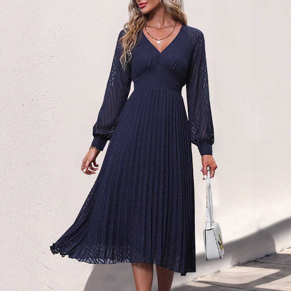 Women's Pleated Midi Dress with V-Neck, Tailored Fit & Transparent Balloon Sleeves Chichicherry