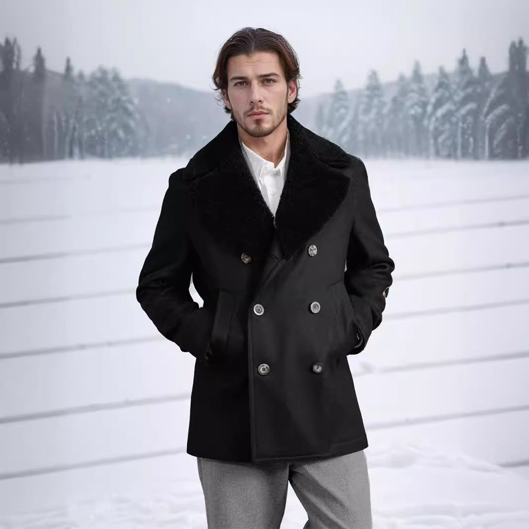 Men's short coat in pea coat style made of wool blend with voluminous teddy collar and side pockets Chichicherry