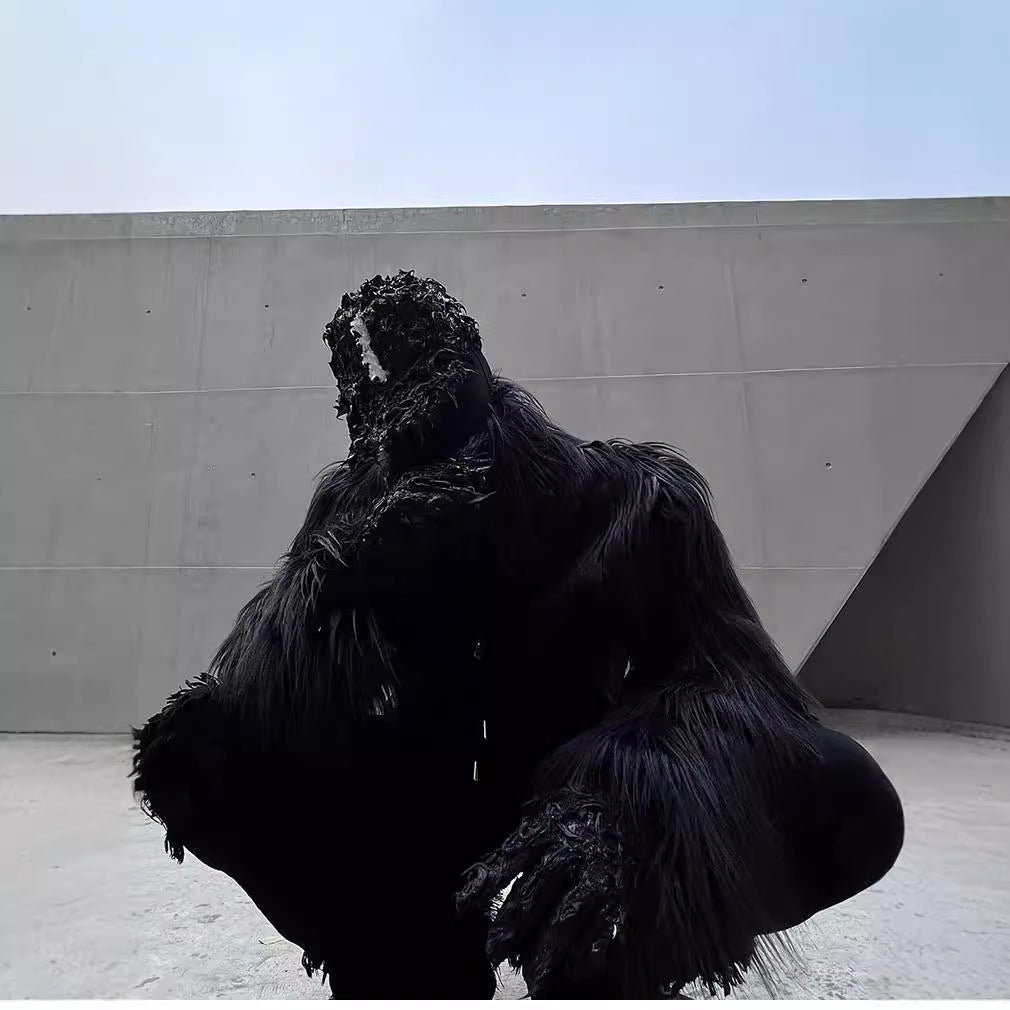 Men's Statement Faux Fur Jacket with Long Shaggy Sleeves and Asymmetrical Zipper Chichicherry