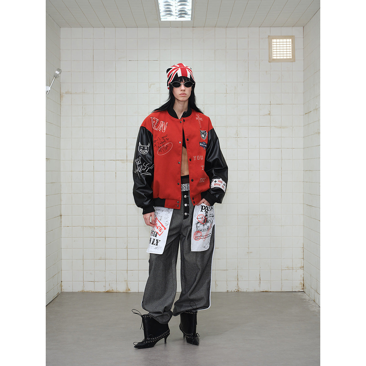 Unisex Varsity Bomber Jacket in College Look with Wool Blend Body and Faux Leather Sleeves Chichicherry