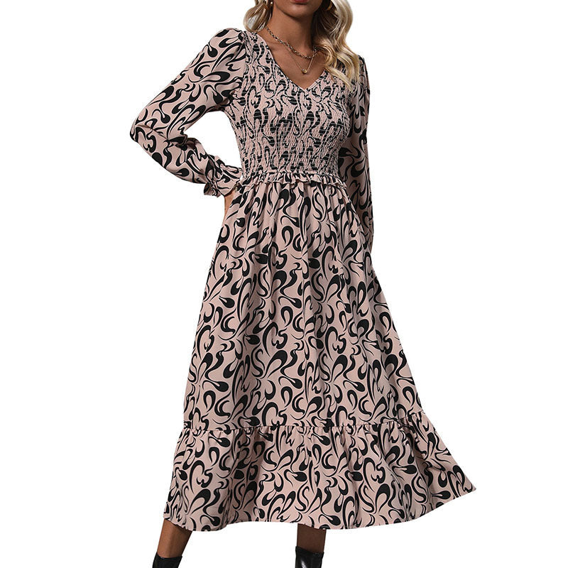 Ladies max dress with smock detail, V-neck and ruffle tiers Chichicherry