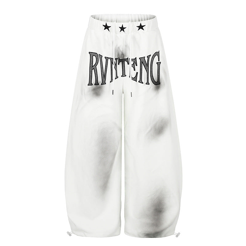 Women's Extra Wide Palazzo Sweatpants with Drawstring Waistband, Star Appliqué and Soft Tie-Dye Effect Chichicherry