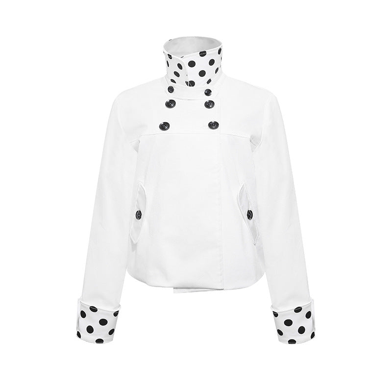 Women Short Double-Breasted Jacket with Stand-Up Collar and Polka-Dot Lining Chichicherry