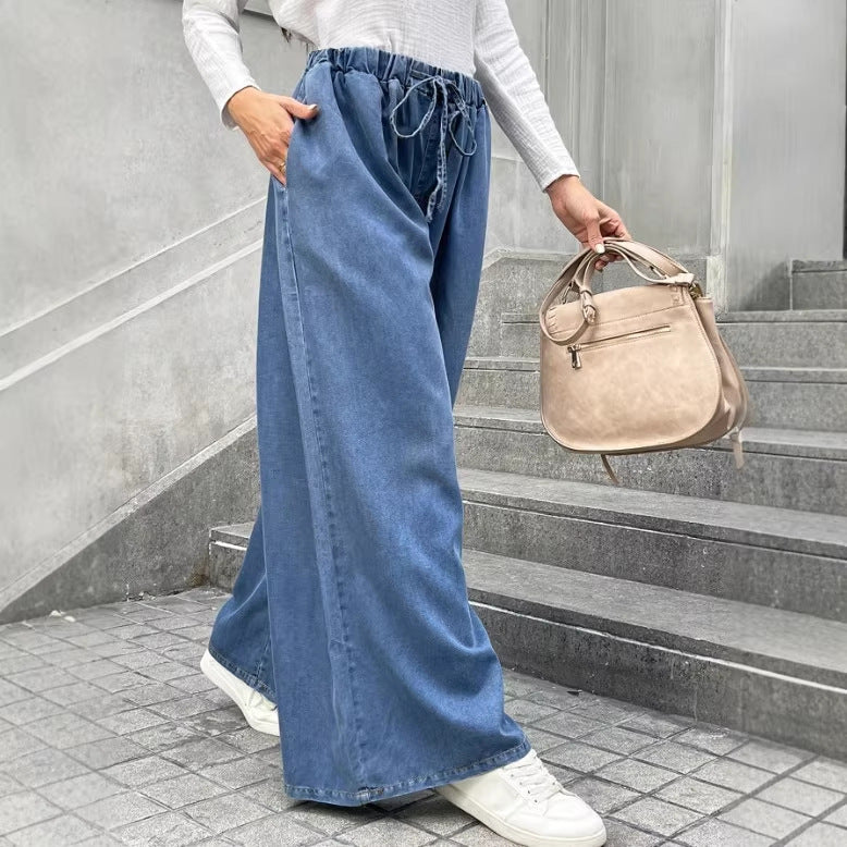 Women's Relaxed Palazzo Jeans with Drawstring Waist, Side Pockets and Extra Wide Leg Chichicherry
