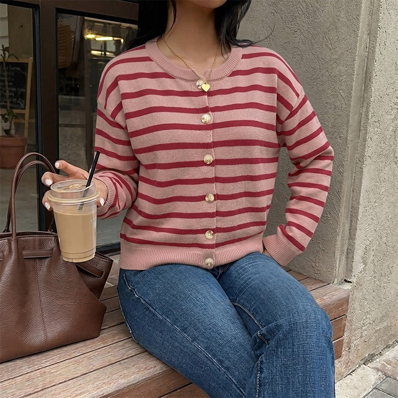 Women's Striped Fine Knit Button Cardigan with Round Neckline and Tailored Waist